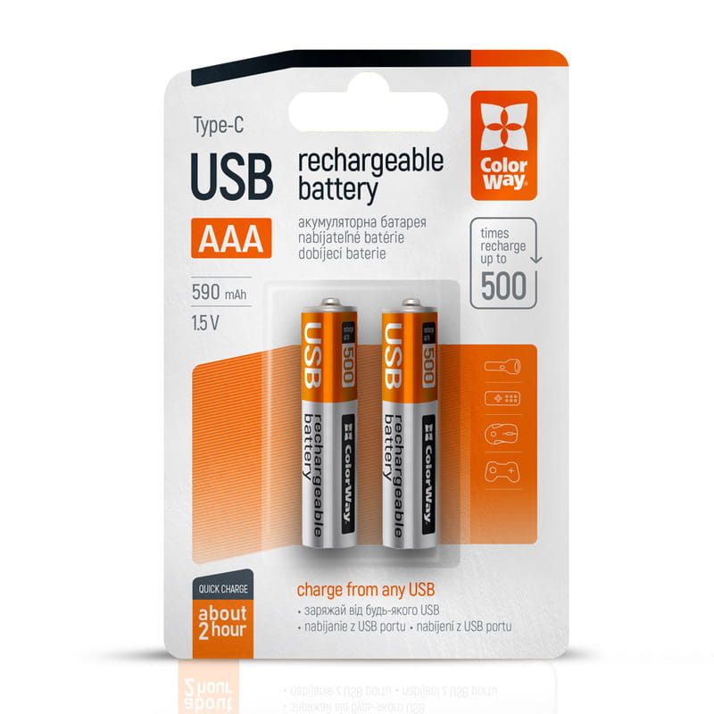 Аккумулятор USB-C ColorWay (CW-UBAAA-09) AAA/HR03 Li-Pol 590 mAh BL 2шт