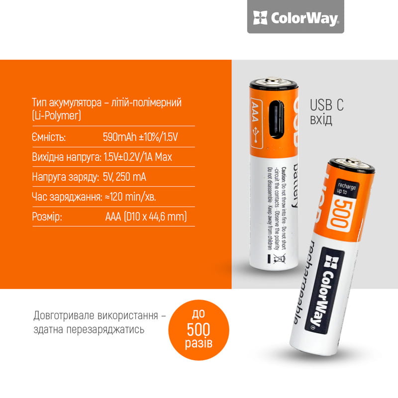 Акумулятор USB-C ColorWay (CW-UBAAA-09) AAA/HR03 Li-Pol 590 mAh BL 2шт