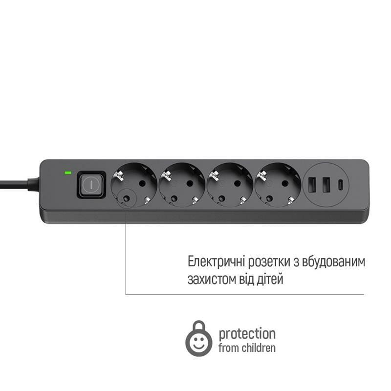 Фильтр питания ColorWay CW-CHE432PDB 4 розетки, 3USB (2USB-A + 1 TYPE-C) (24W), 2м, Black