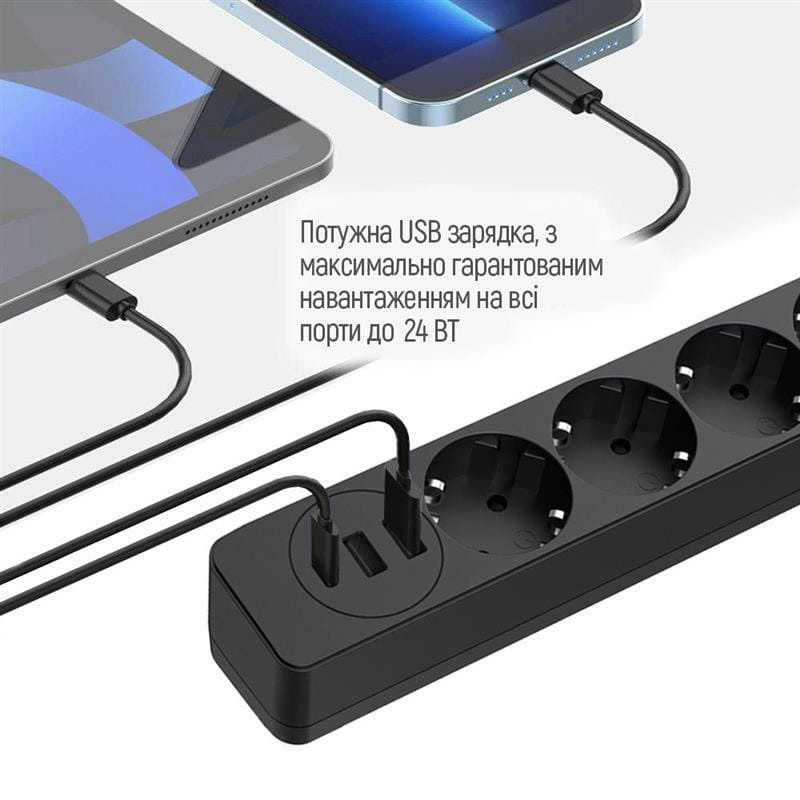 Фильтр питания ColorWay CW-CHE432PDB 4 розетки, 3USB (2USB-A + 1 TYPE-C) (24W), 2м, Black