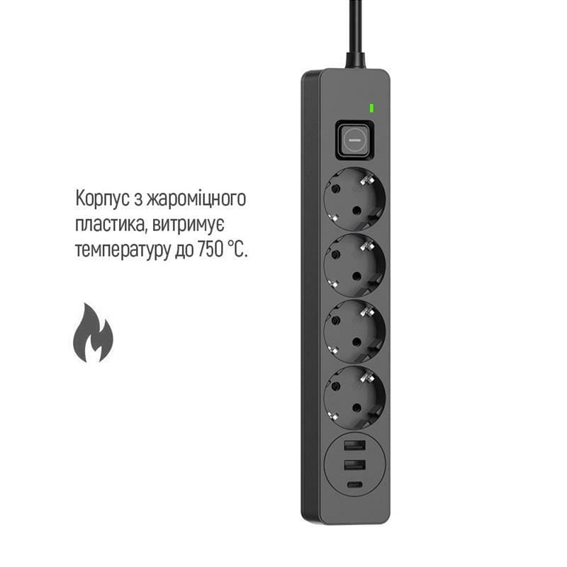 Фільтр живлення ColorWay CW-CHE432PDB 4 розетки, 3USB (2USB-A + 1 TYPE-C) (24W), 2м, Black