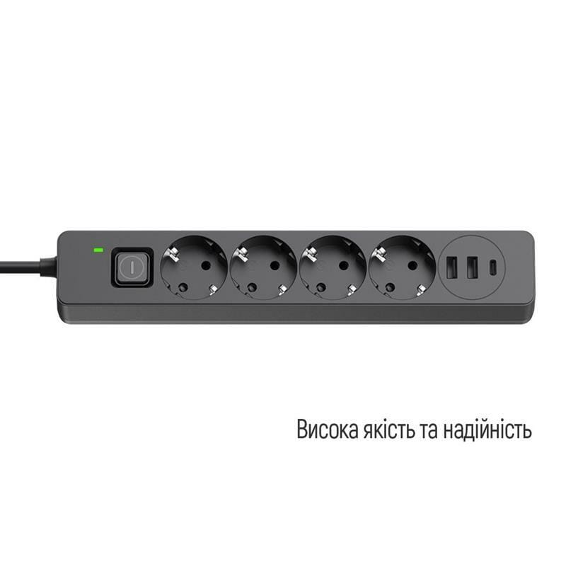 Фільтр живлення ColorWay CW-CHE432PDB 4 розетки, 3USB (2USB-A + 1 TYPE-C) (24W), 2м, Black