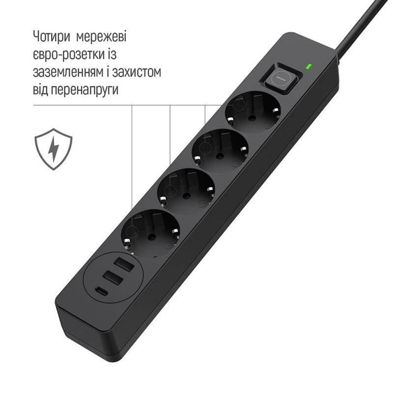 Фильтр питания ColorWay CW-CHE432PDB 4 розетки, 3USB (2USB-A + 1 TYPE-C) (24W), 2м, Black