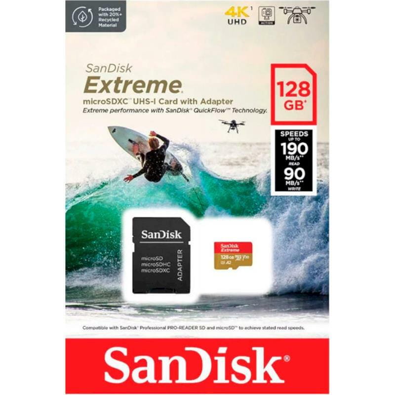 Карта пам`ятi MicroSDXC 128GB UHS-I U3 R190/W90MB/s SanDisk Extreme V30 + SD-адаптер (SDSQXAA-128G-GN6AA)