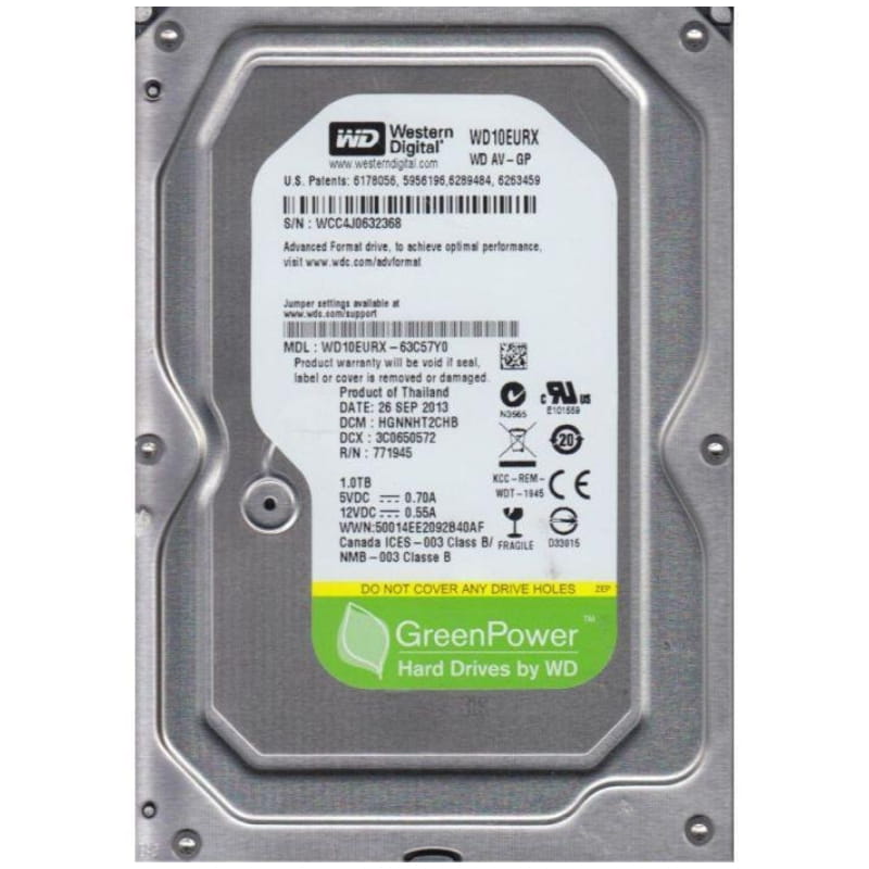 Накопитель HDD SATA 1.0TB WD AV-GP 64MB (WD10EURX) Refurbished
