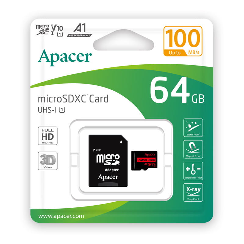 Карта пам`ятi MicroSDHC 64GB UHS-I Class 10 Apacer + SD adapter (AP64GMCSX10UB-R)