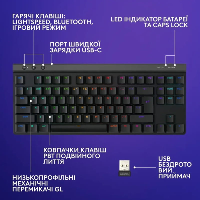 Клавиатура беспроводная Logitech G515 Lightspeed TKL Black (920-012538)