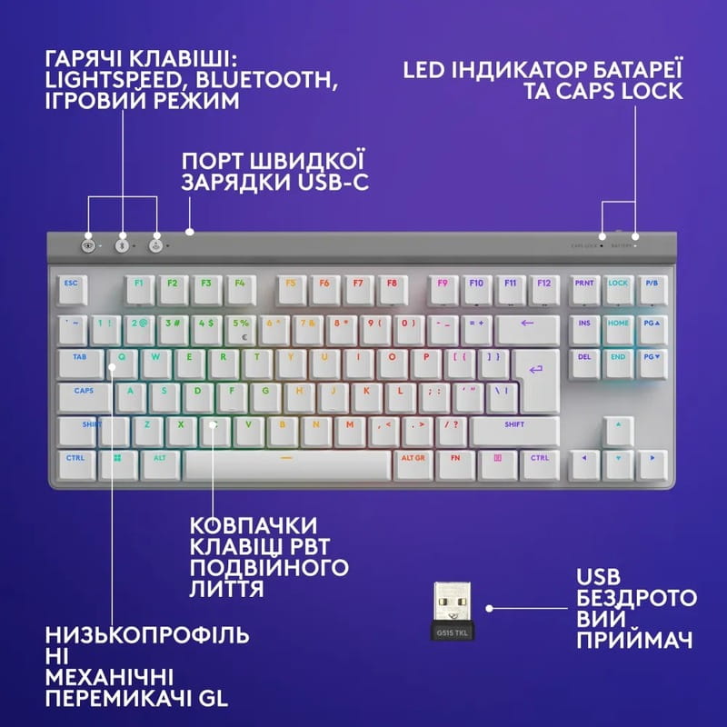 Клавиатура беспроводная Logitech G515 Lightspeed TKL White (920-012539)