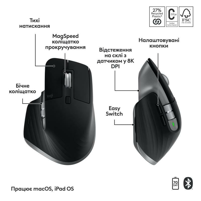 Комплект (клавиатура, мышь) беспроводной Logitech MX Keys S Combo for Mac Space Grey (920-012845)