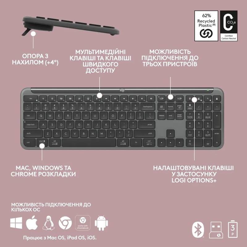 Комплект (клавіатура, миша) бездротовий Logitech Signature Slim Combo MK950 Graphite (920-012490)