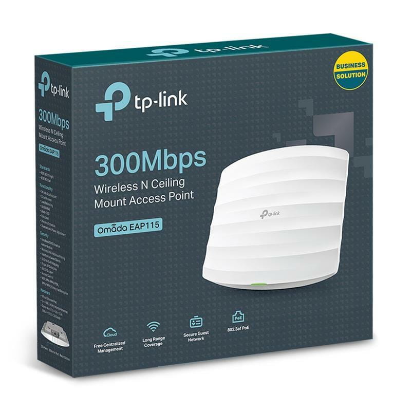 Точка доступа TP-Link EAP115 (1х100Мбит, 300Mbps, 100мВт, 2,4Ghz, 20дБм, потолочная, PoE, EAP Controller, 2х3дБи)