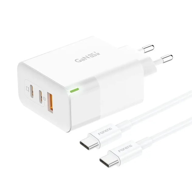 Сетевое зарядное устройство Foneng GAN65 USB-A 2xUSB-C GaN 65W White + кабель USB-C