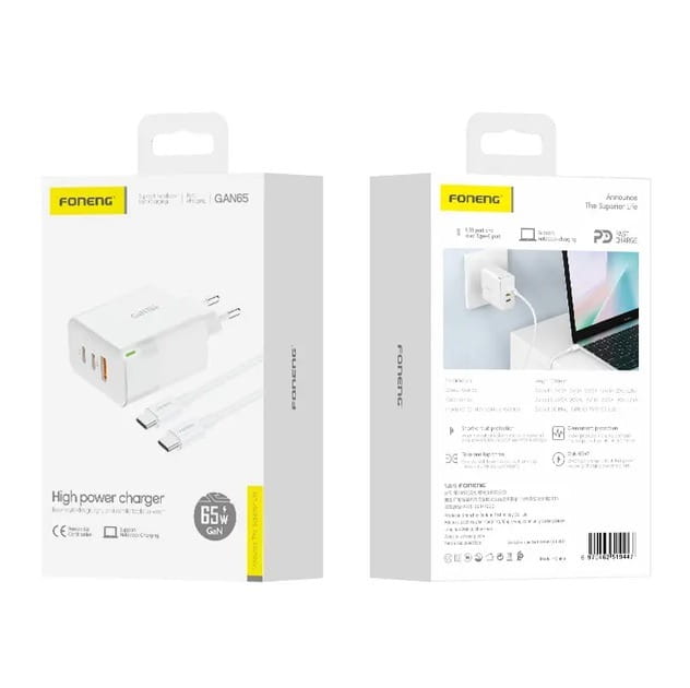 Мережевий зарядний пристрій Foneng GAN65 USB-A 2xUSB-C GaN 65W White + кабель USB-C