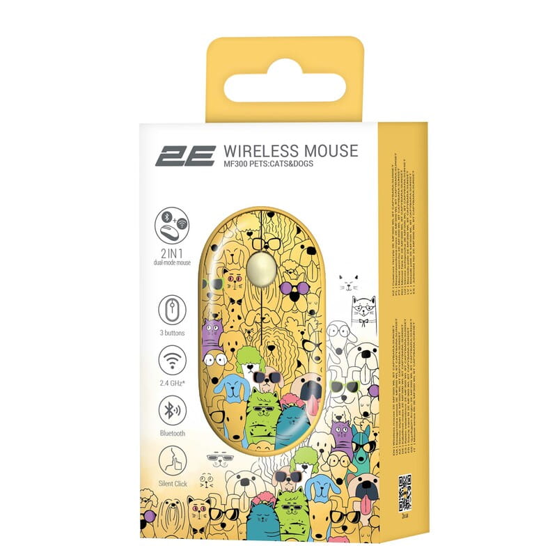 Мышь беспроводная 2E MF300 Pets Cats&Dogs Silent WL BT Yellow (2E-MF300WPETSYW)