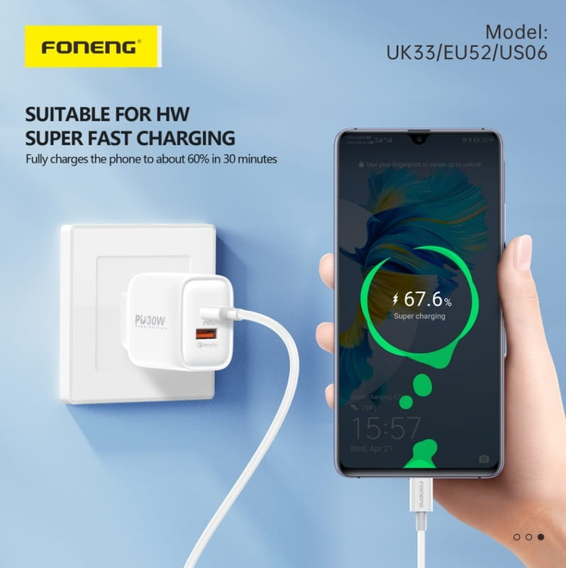 Сетевое зарядное устройство Foneng EU52-CH PD 30W (1xUSB, 1xType-C) White
