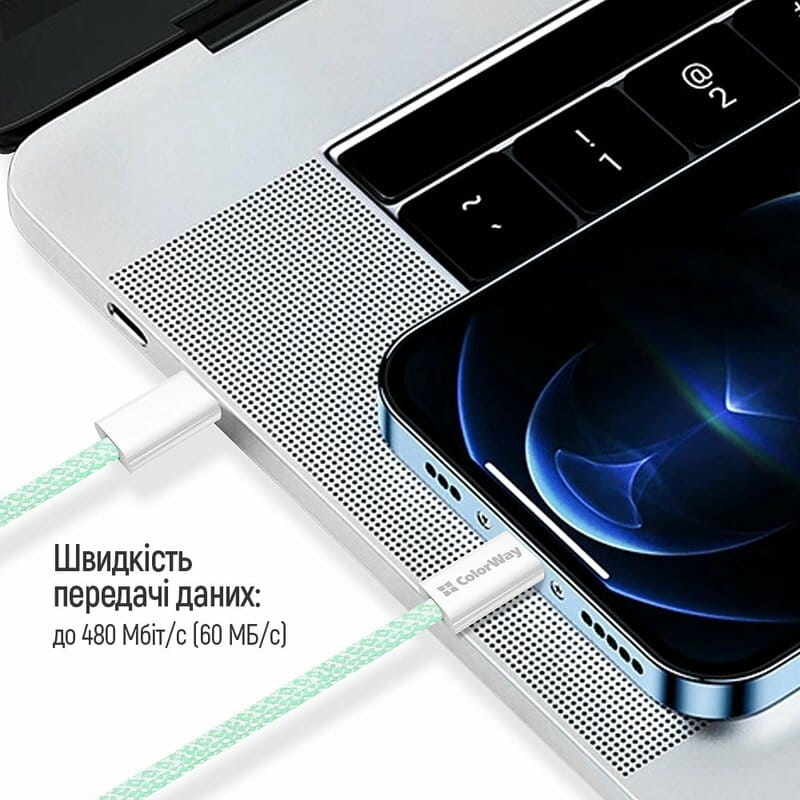 Кабель ColorWay Lightning + USB Type-C (M/M), 3.0 А, 1 м, Green (CW-CBPDCL061-G)