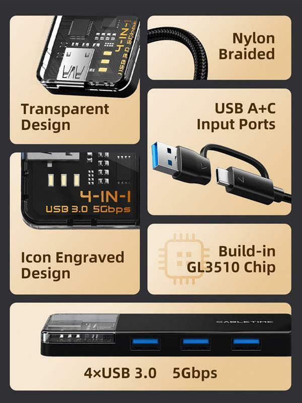 Концентратор Cabletime USB C/A - 4 Port USB 3.0, 5Gbps, 0.15 m (CB05B)