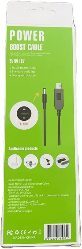 Кабель Power Boost cable USB - DC 5.5x2.1 12V (M/M), 1 м, Black