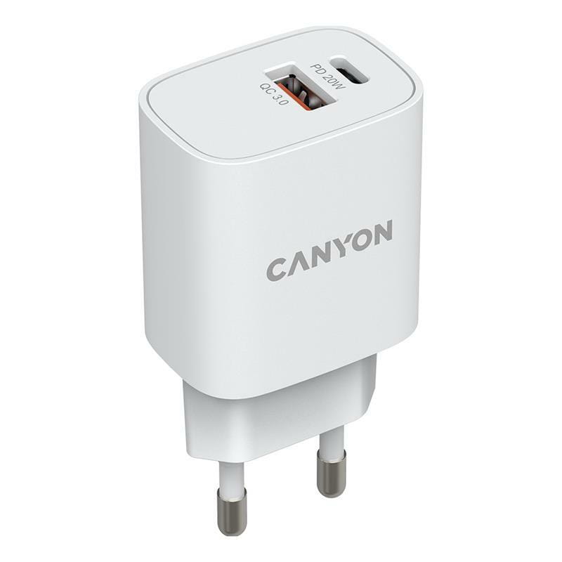 Сетевое зарядное устройство Canyon H-20-04 (2USB, 3A) PD, QC3.0 White (CNE-CHA20W04)