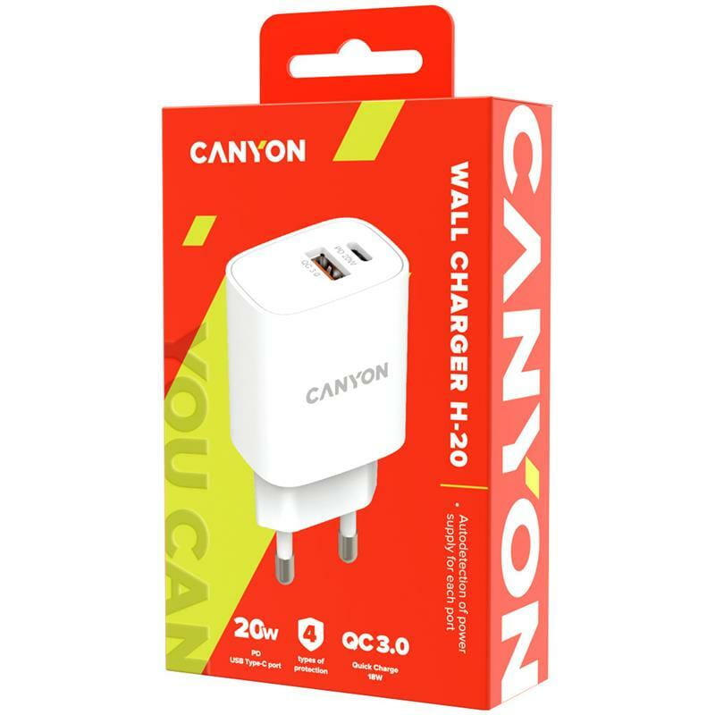 Сетевое зарядное устройство Canyon H-20-04 (2USB, 3A) PD, QC3.0 White (CNE-CHA20W04)