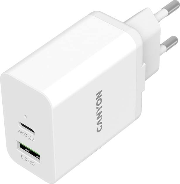 Мережевий зарядний пристрій Canyon H-20-03 (2USB, 3A) PD, QC3.0 White (CNE-CHA20W03)