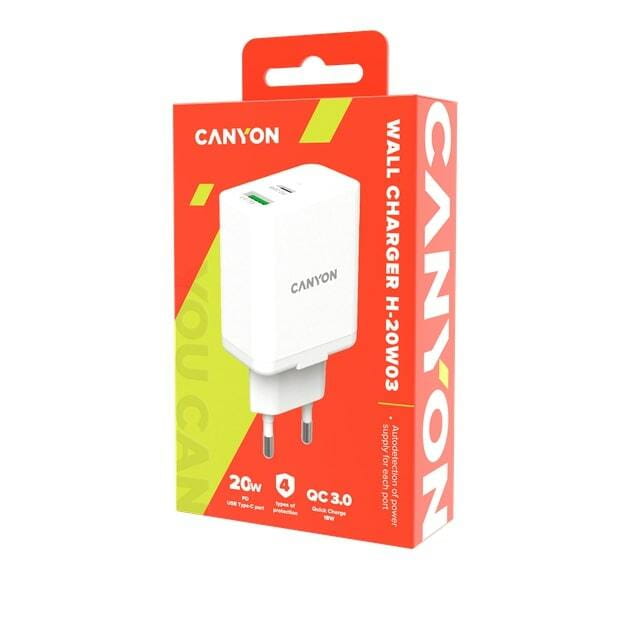 Мережевий зарядний пристрій Canyon H-20-03 (2USB, 3A) PD, QC3.0 White (CNE-CHA20W03)