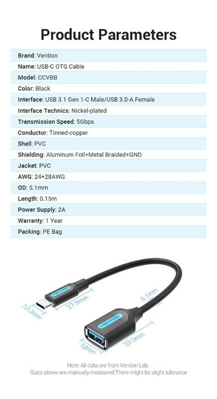 Кабель Vention USB 3.1 Type-C - OTG USB3.0 AF, 0.15 m, Black (CCVBB)