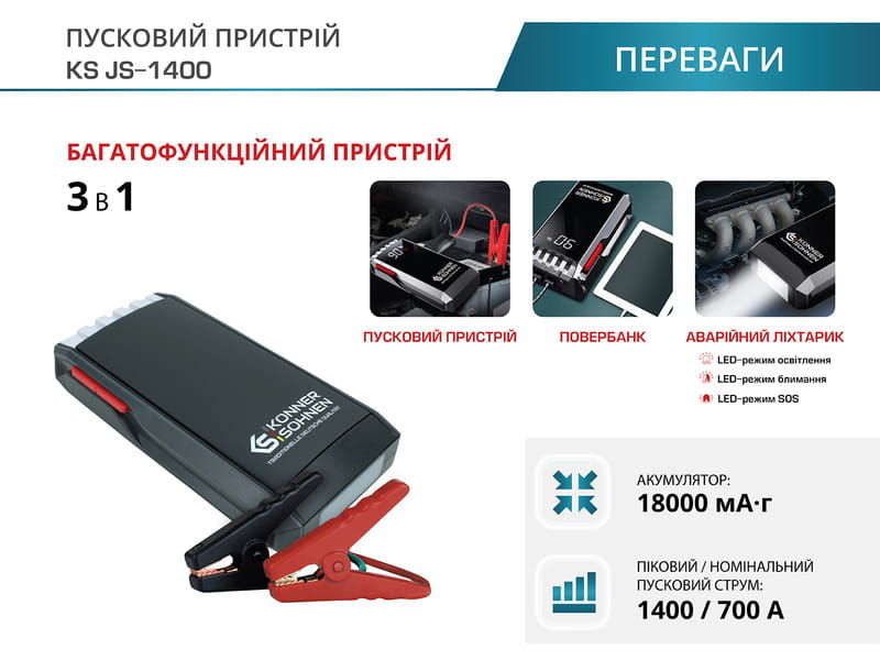 Пусковий пристрій для автомобілів Konner&Sohnen KS JS-1400 18000 mAh