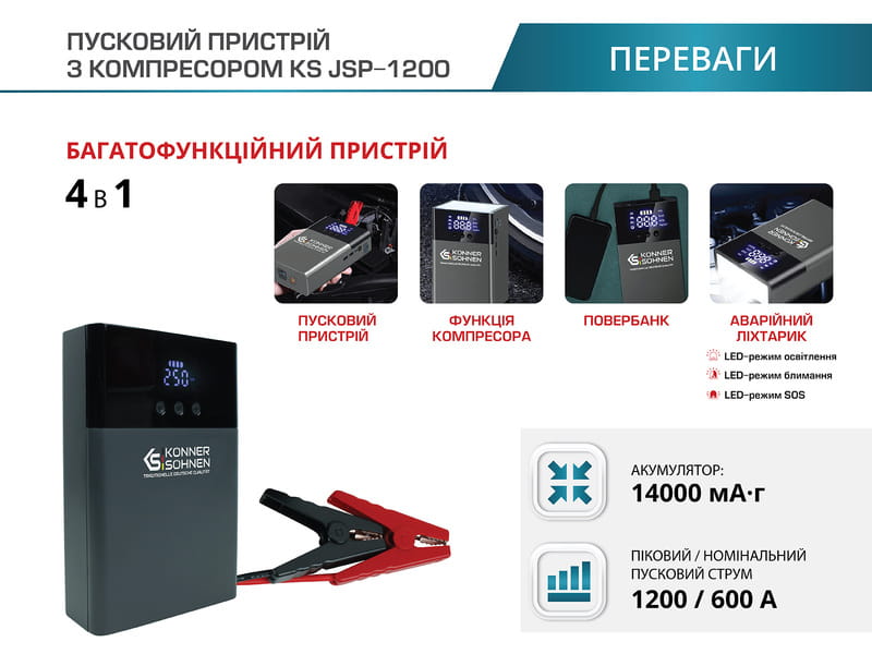 Пусковий пристрій для автомобілів Konner&Sohnen KS JSP-1200 14000 mAh