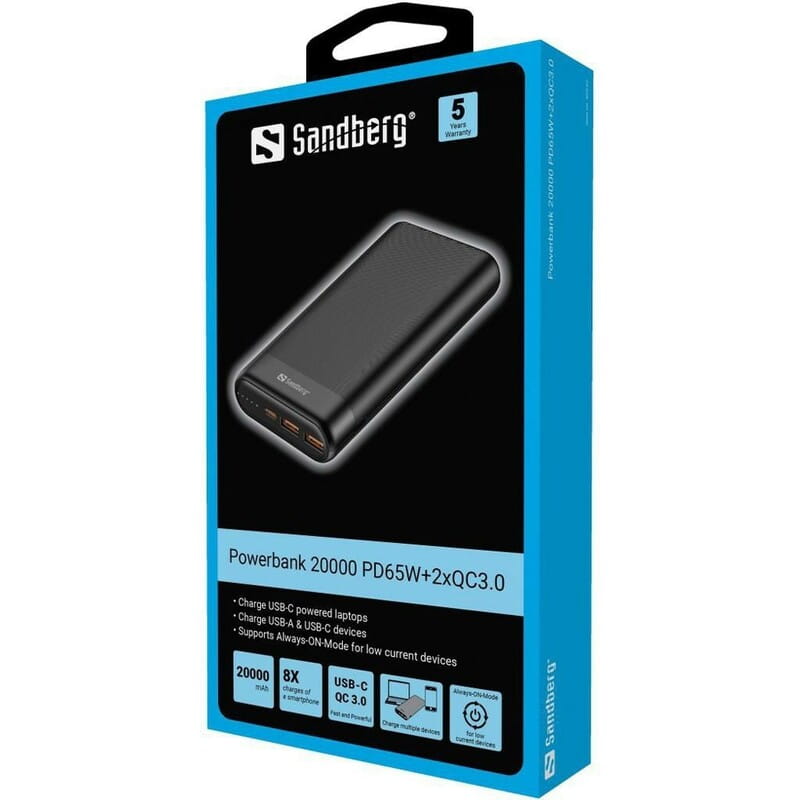 Универсальная мобильная батарея Sandberg Powerbank 20000mAh PD 65W Black (420-62)