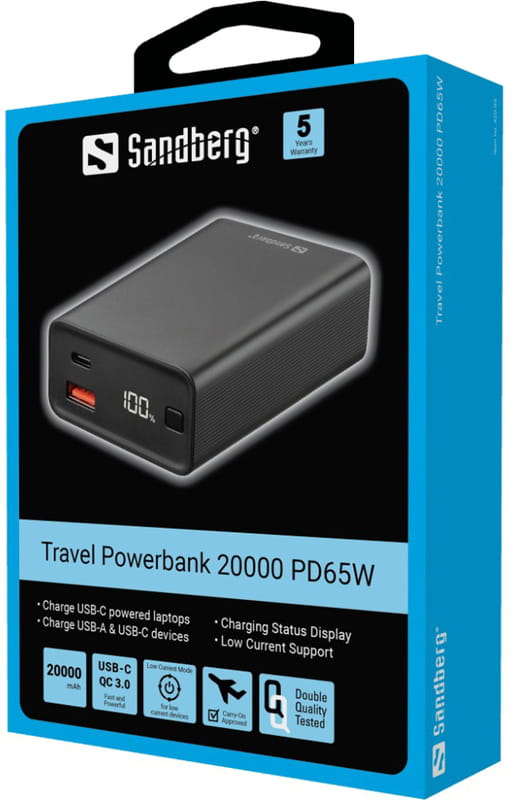 Универсальная мобильная батарея Sandberg Travel Powerbank 20000mAh PD 65W Black (420-95)