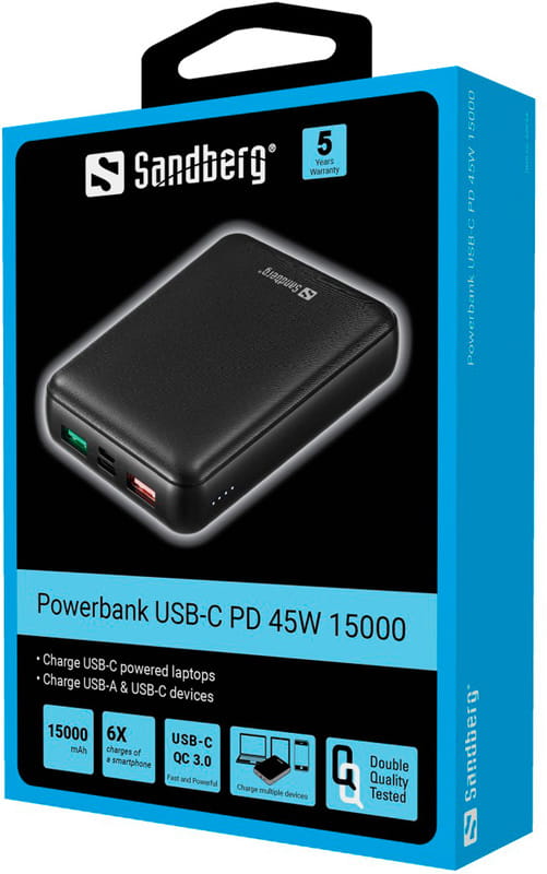 Универсальная мобильная батарея Sandberg Powerbank 15000mAh PD 45W Black (420-66)