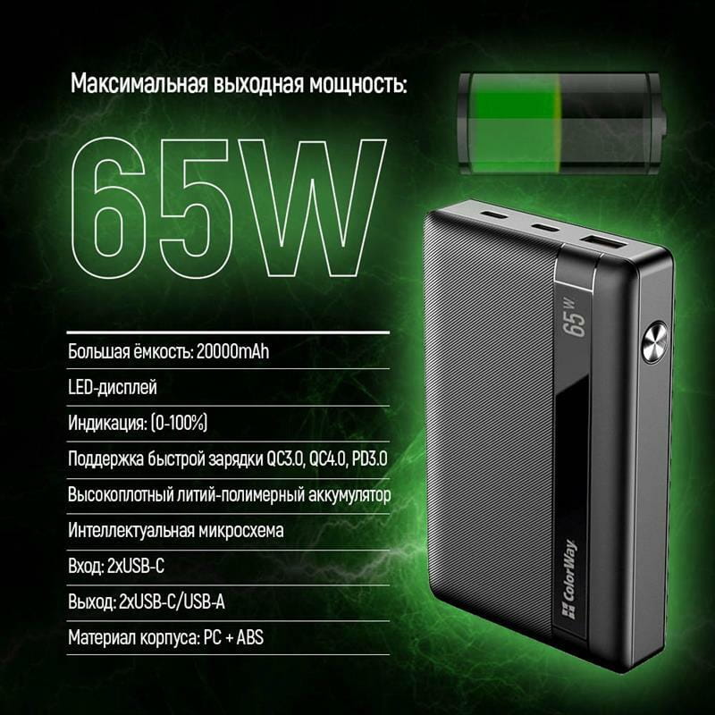 Универсальная мобильная батарея ColorWay Powerful 20000mAh Black (CW-PB200LPA3BK-PDD)