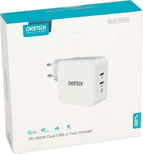 Сетевое зарядное устройство Choetech GaN 2хUSB Type-C PD100W White (PD6008)