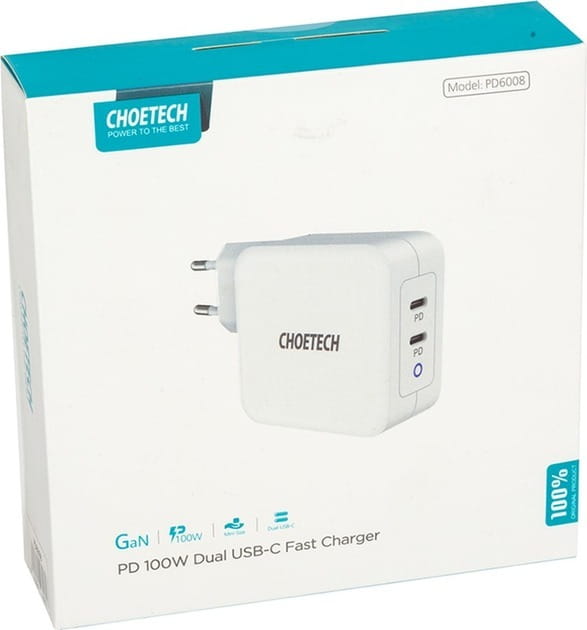 Сетевое зарядное устройство Choetech GaN 2хUSB Type-C PD100W White (PD6008)