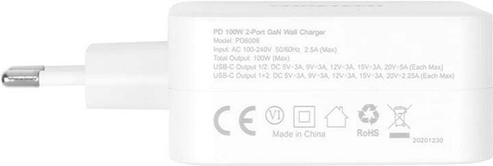 Сетевое зарядное устройство Choetech GaN 2хUSB Type-C PD100W White (PD6008)