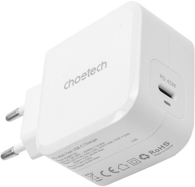 Сетевое зарядное устройство Choetech GaN USB Type-C 45W PD 3.0 QC 3.0 PPS White (PD8007)