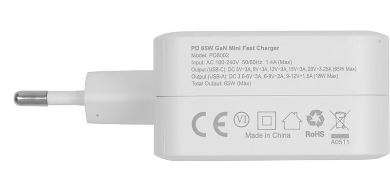 Мережевий зарядний пристрій Choetech USB Type-C, USB Type-A 65W PD 3.0 QC 3.0 White (PD8002)