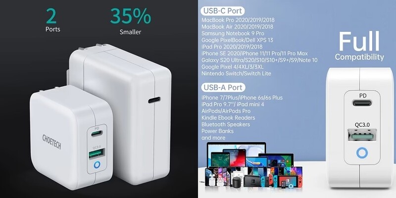 Мережевий зарядний пристрій Choetech USB Type-C, USB Type-A 65W PD 3.0 QC 3.0 White (PD8002)