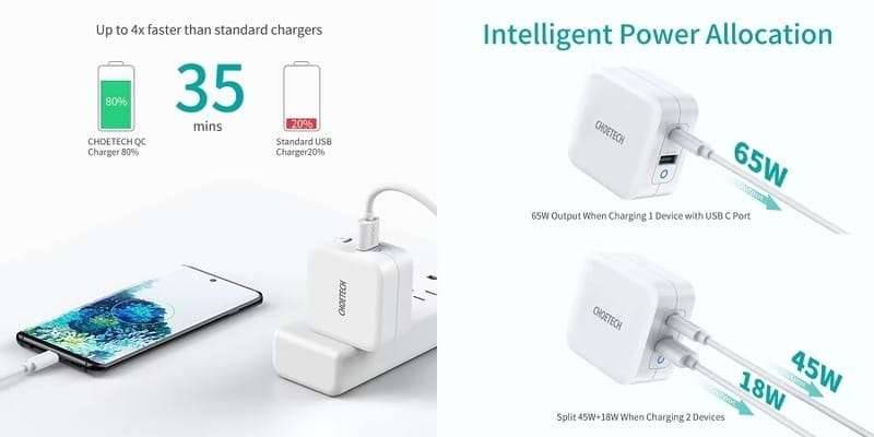Мережевий зарядний пристрій Choetech USB Type-C, USB Type-A 65W PD 3.0 QC 3.0 White (PD8002)