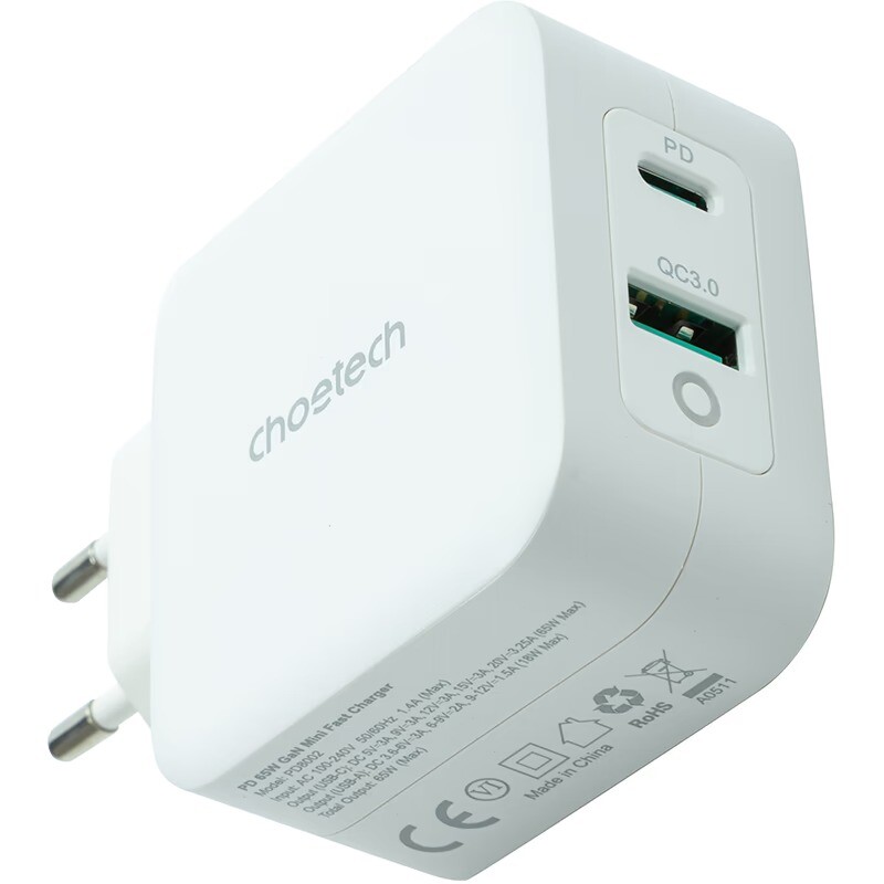 Мережевий зарядний пристрій Choetech USB Type-C, USB Type-A 65W PD 3.0 QC 3.0 White (PD8002)