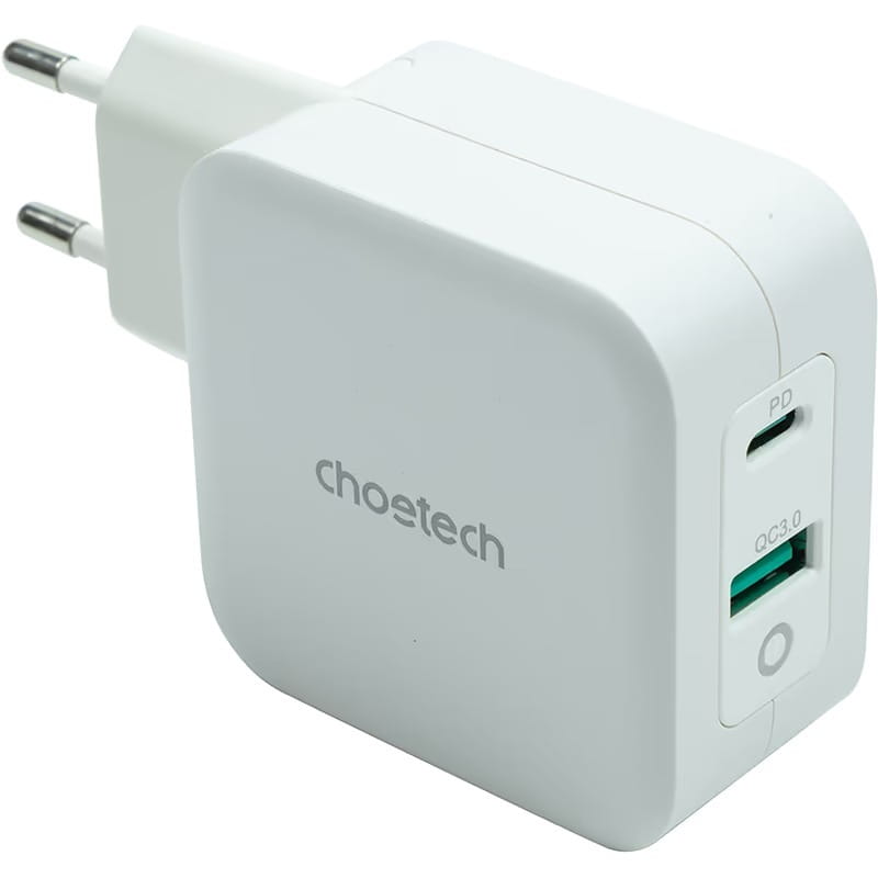 Сетевое зарядное устройство Choetech GaN USB Type-C, USB Type-A 65W PD 3.0 QC 3.0 White (PD8002)