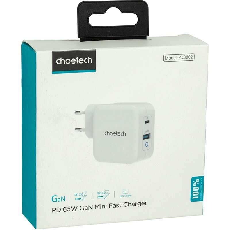 Мережевий зарядний пристрій Choetech USB Type-C, USB Type-A 65W PD 3.0 QC 3.0 White (PD8002)