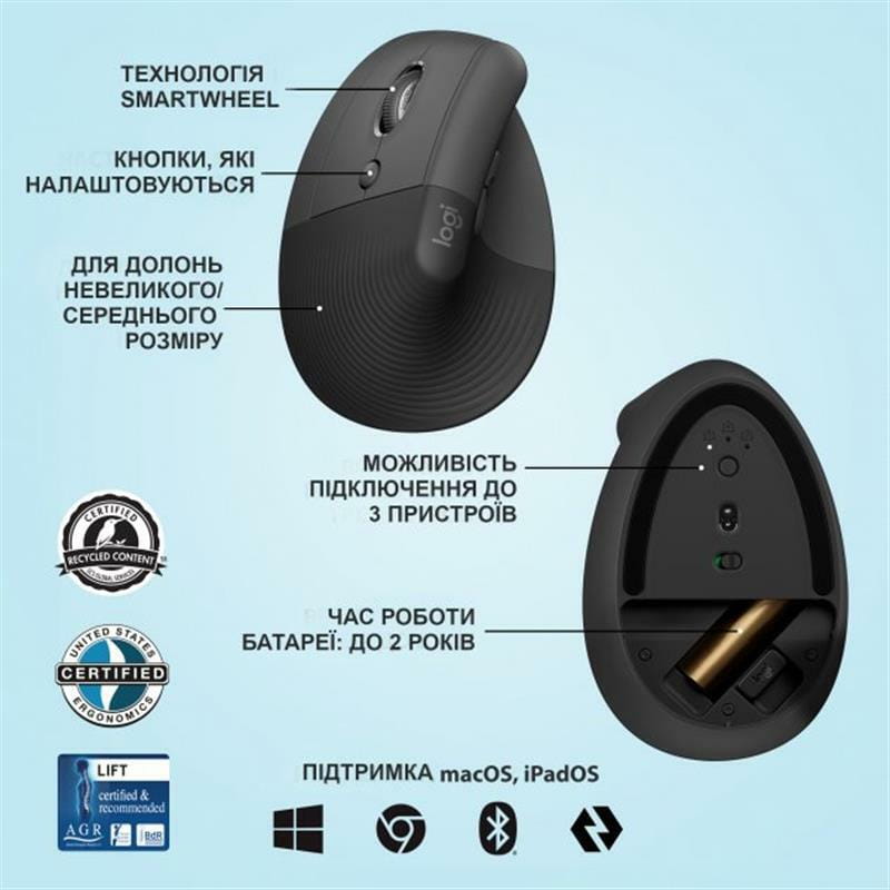 Мышь беспроводная Logitech Lift Left Vertical Ergonomic (910-006495) Graphite USB