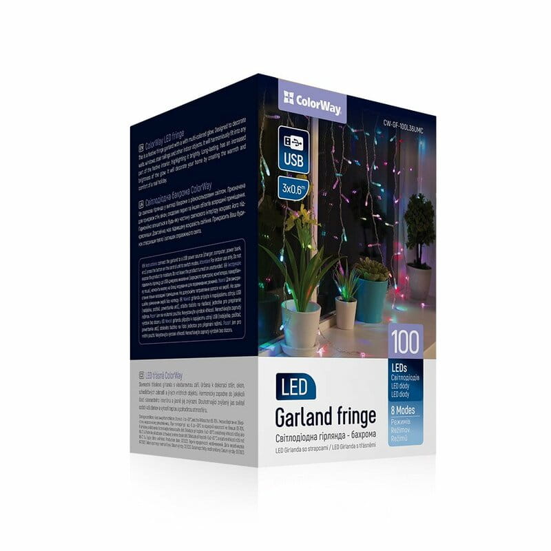 Світлодіодна гірлянда ColorWay (CW-GF-100L36UMC) бахрома 100LED, 3мx0.6м, різнокольорова USB
