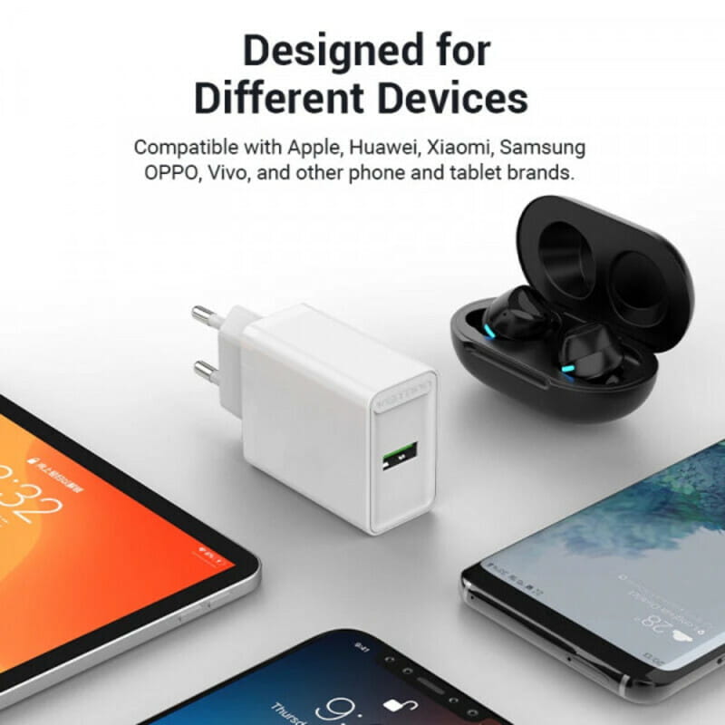 Мережевий зарядний пристрій Vention USB Type A + QC3.0 (18W), White (FABW0-EU)