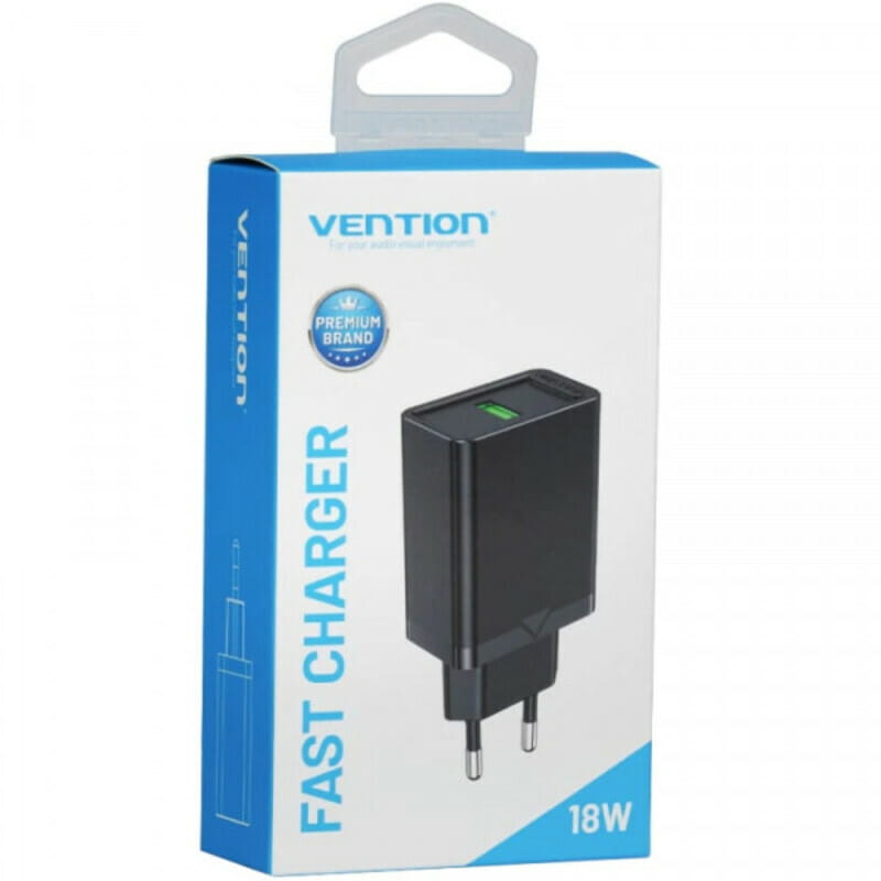 Мережевий зарядний пристрій Vention USB Type A + QC3.0 (18W), Black (FABB0-EU)
