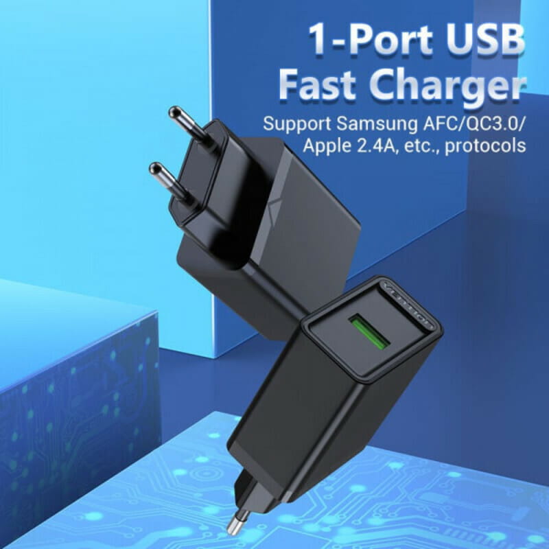Мережевий зарядний пристрій Vention USB Type A + QC3.0 (18W), Black (FABB0-EU)