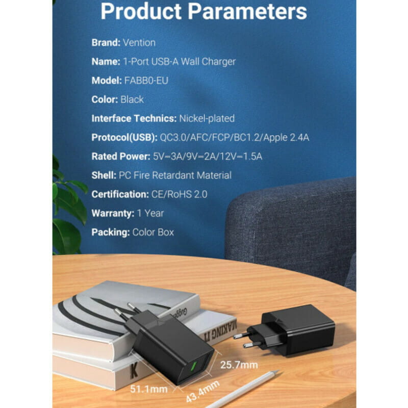 Мережевий зарядний пристрій Vention USB Type A + QC3.0 (18W), Black (FABB0-EU)