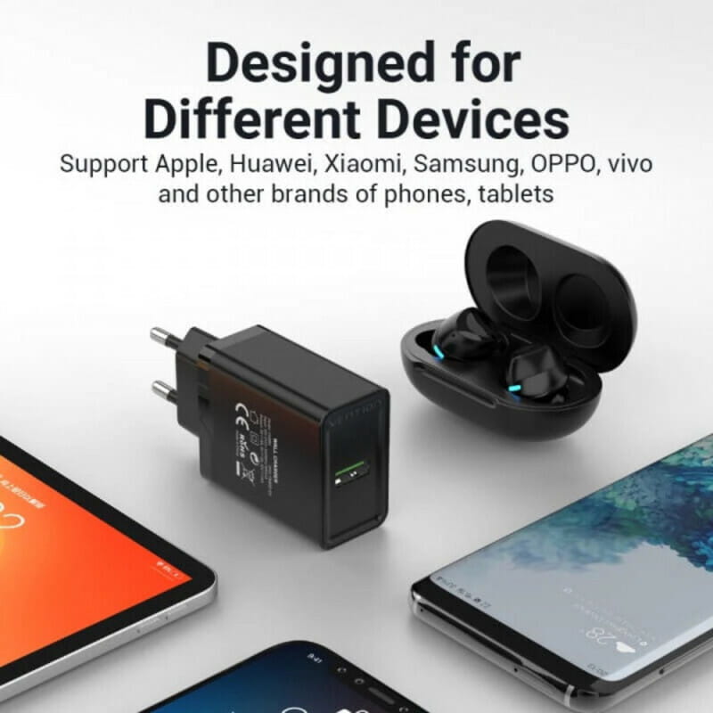 Мережевий зарядний пристрій Vention USB Type A + QC3.0 (18W), Black (FABB0-EU)
